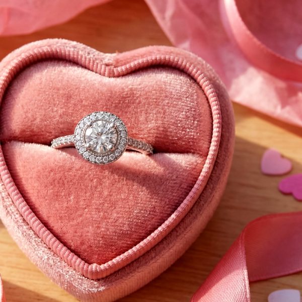 18K Halo Round Diamond Engagement Ring / Pavé Band GRS027