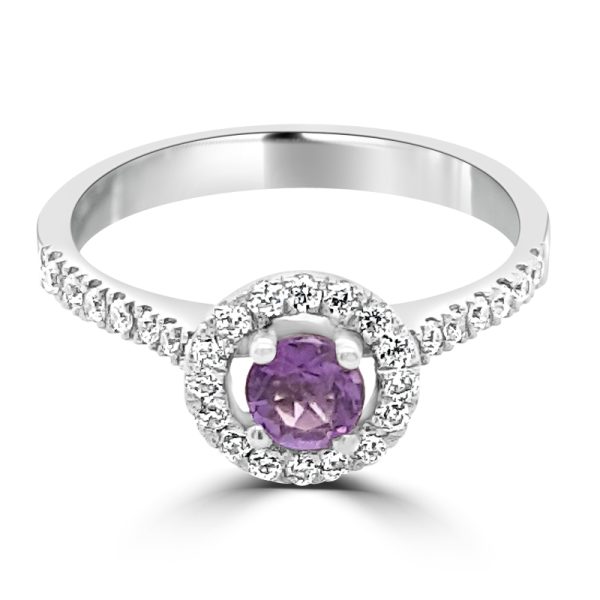 Regal Radiance: Amethyst Halo Ring in 18K White Gold GR041