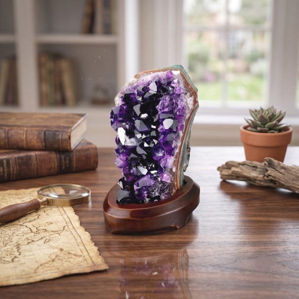 Brazilian Amethyst Druze on Wooden Base | Unique Crystal Decor