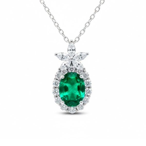Zambian Emerald Diamond Halo Necklace | 18K Gold GPD050
