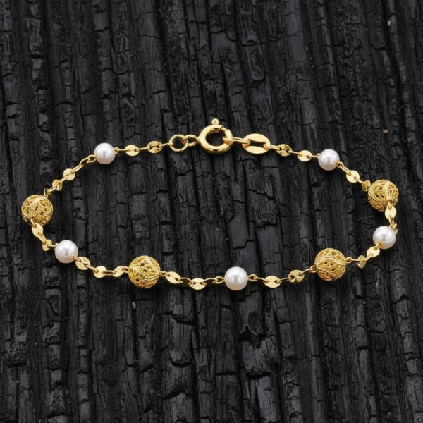 9K Yellow Gold Bracelet with Pearls and Filigree Beads GB093