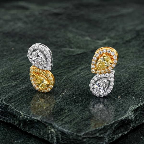 Two-Tone Pear Diamond Halo Earrings | 18K Gold GED 040