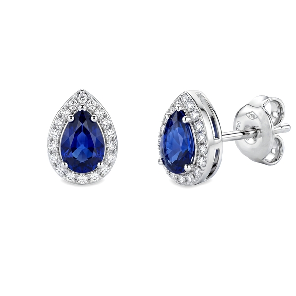 Blue Sapphire Diamond Halo Stud Earrings | 18K Gold GED043