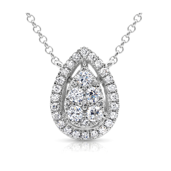 Elevate your style with an 18k white gold diamond teardrop necklace featuring a radiant cluster center surrounded by 38 brilliant diamonds crafted in gold.