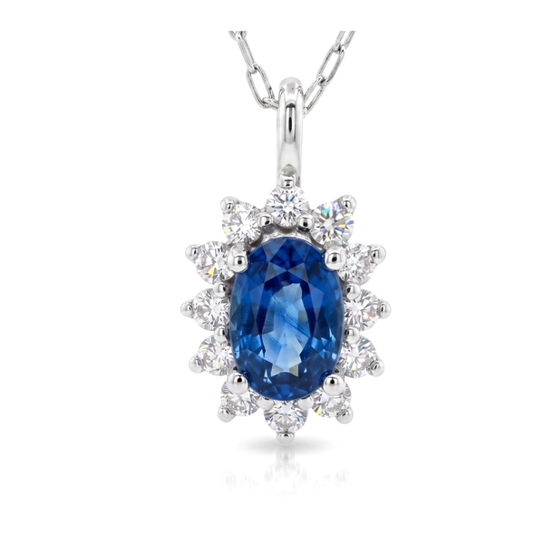Blue Sapphire Sunburst Diamond Platinum Necklace GPD082