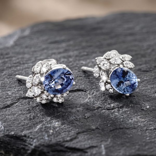 18K White Gold Royal Blue Sapphire & Diamond Earrings GED046