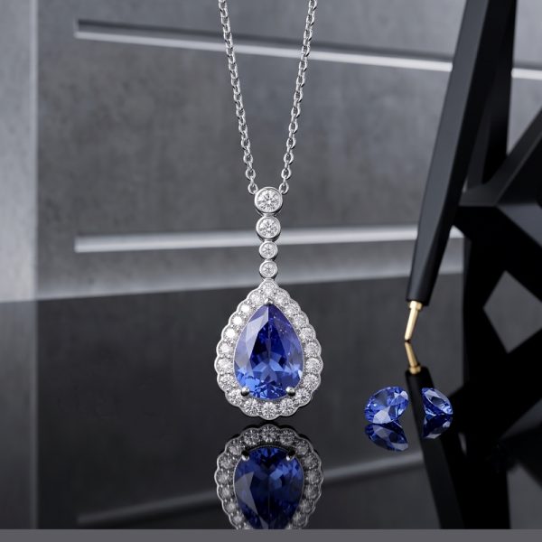 18K Gold Pear-Cut Blue Sapphire Halo Pendant Necklace GPD073