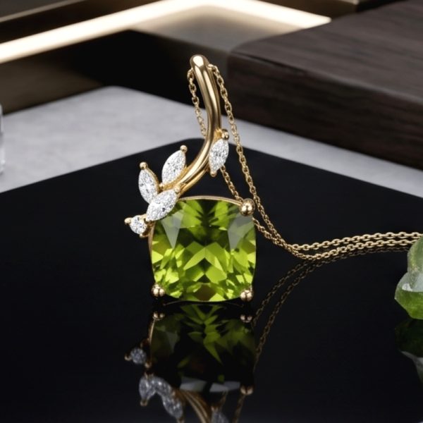 Peridot & Diamond Leaf Pendant | 18K Gold Necklace GPD075