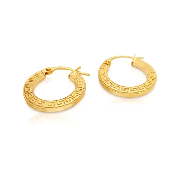18K Gold Hoop Earrings – Greek Key Motif Hoops GE132