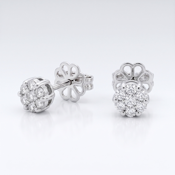 18K White Gold Diamond Cluster Stud Earrings GED048