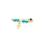 9K Gold Baby Pin with Blue Beads and Cross Charm GBR003