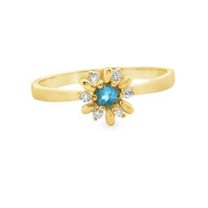 9K Yellow Gold Blue Stone Flower Ring | CZ Cluster Design GR075