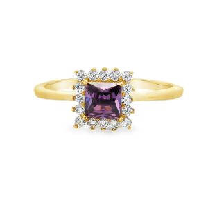 9K Yellow Gold Amethyst Color CZ Ring with Halo GR073