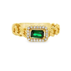 9K Gold Cuban Link Ring with Emerald Color CZ and Halo GR074