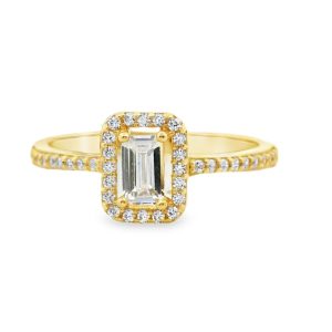 9K Yellow Gold Emerald Cut CZ Ring | Halo Ring GR072