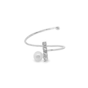 Adjustable 925 Silver Spiral Ring | Modern Pearl & CZ Bar SR009