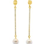 Long Bar CZ Dangle Earrings with Pearls | Silver Earrings SE024