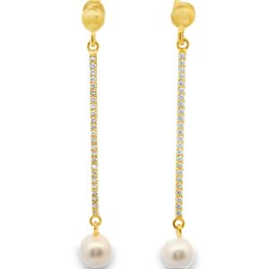 Long Bar CZ Dangle Earrings with Pearls | Silver Earrings SE024
