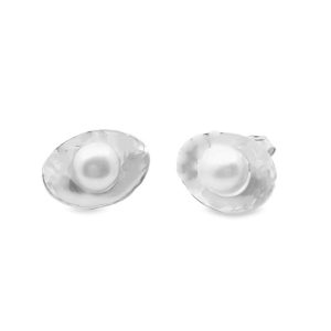 Rhodium-Plated Sterling Silver Pearl Stud Earrings SE026-1