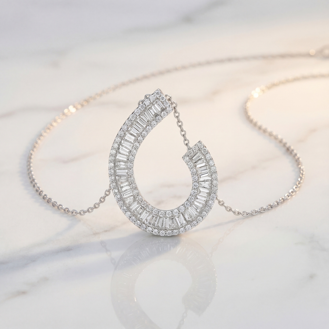 Radiant Swirl: Baguette & Pavé Diamond Necklace | 18K GPD042
