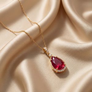 18K Gold Garnet & Diamond Drop Pendant Necklace GPD147