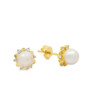 9K Gold Pearl & CZ Stud Earrings GE011
